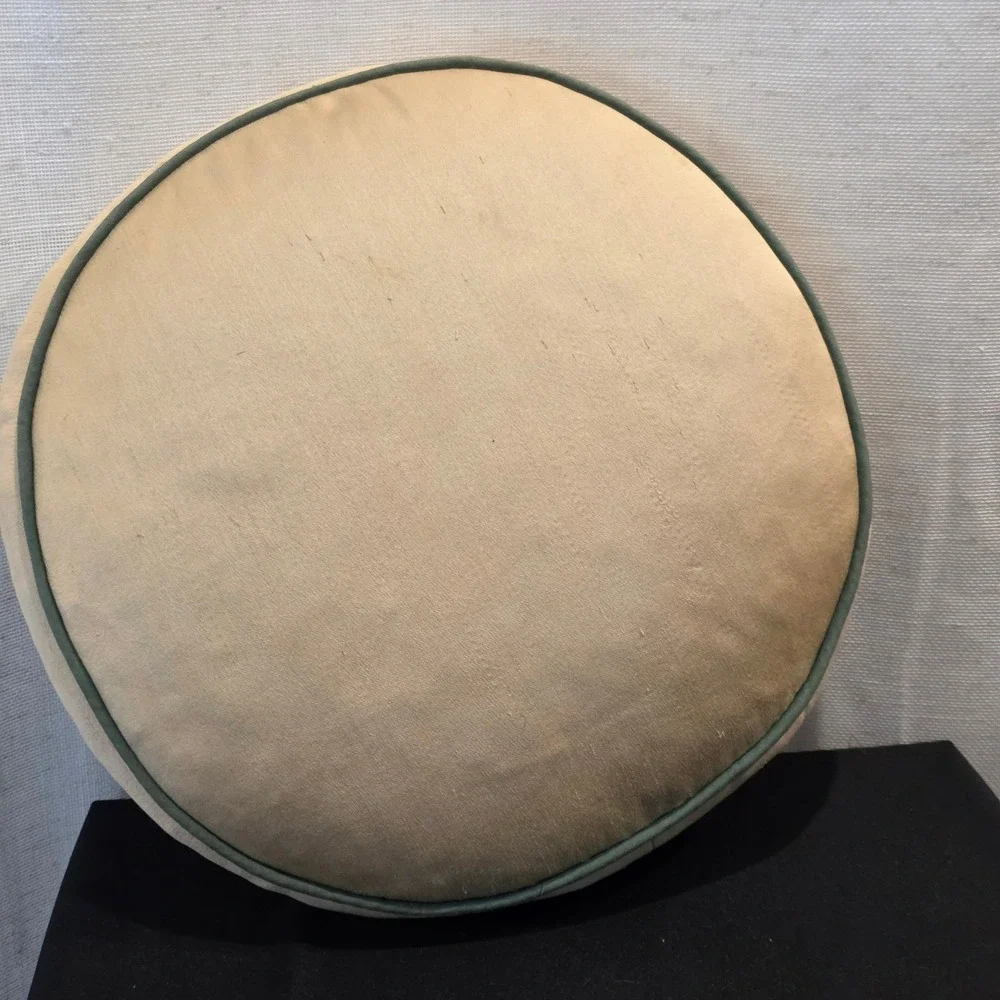 Vintage Asian Round Silk Embroidered Pillow Pagoda Landscape Style Green 14.5in